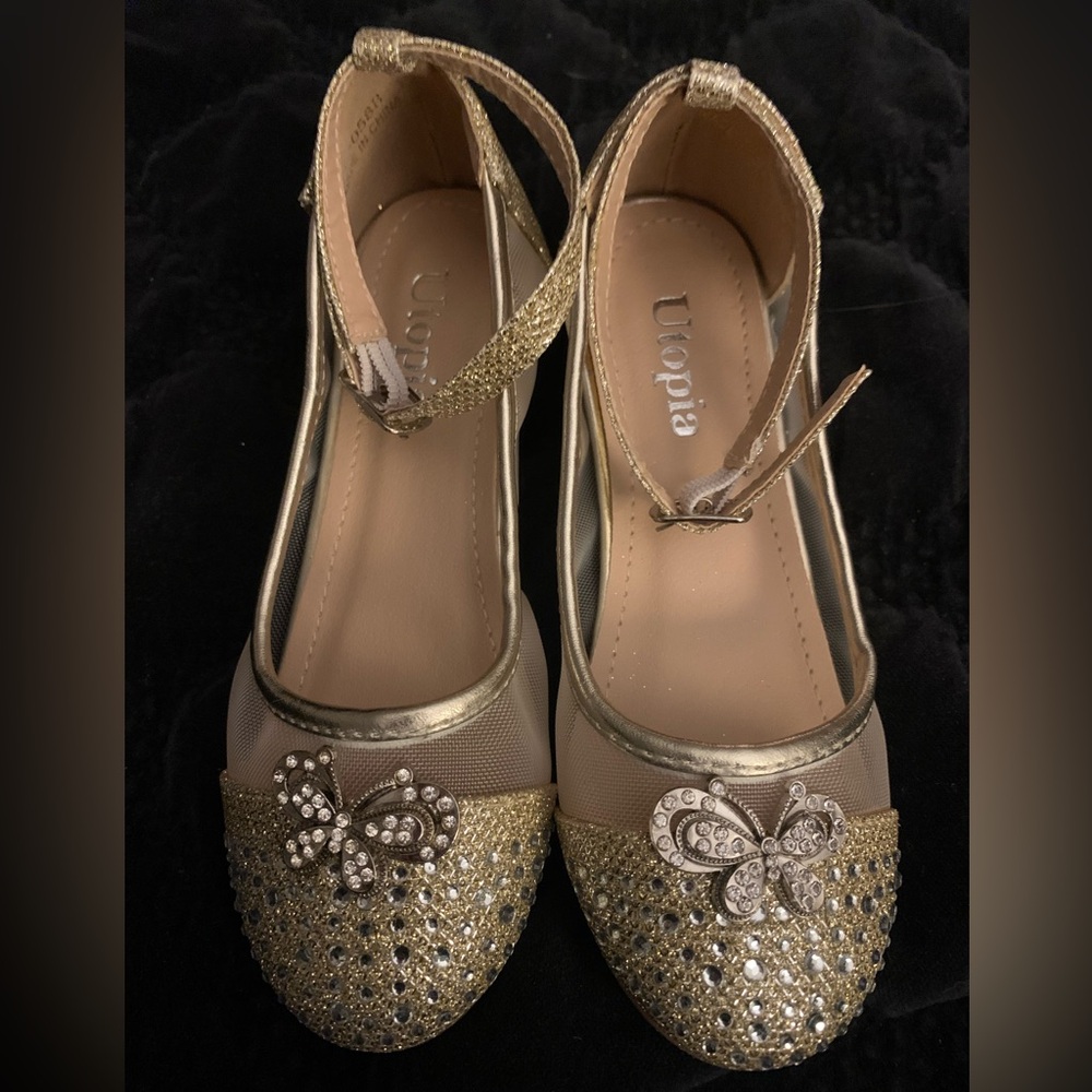 Girl’s Utopia Gold Sparkly Fancy Dress Shoes Butterly Rhinestones Size 12